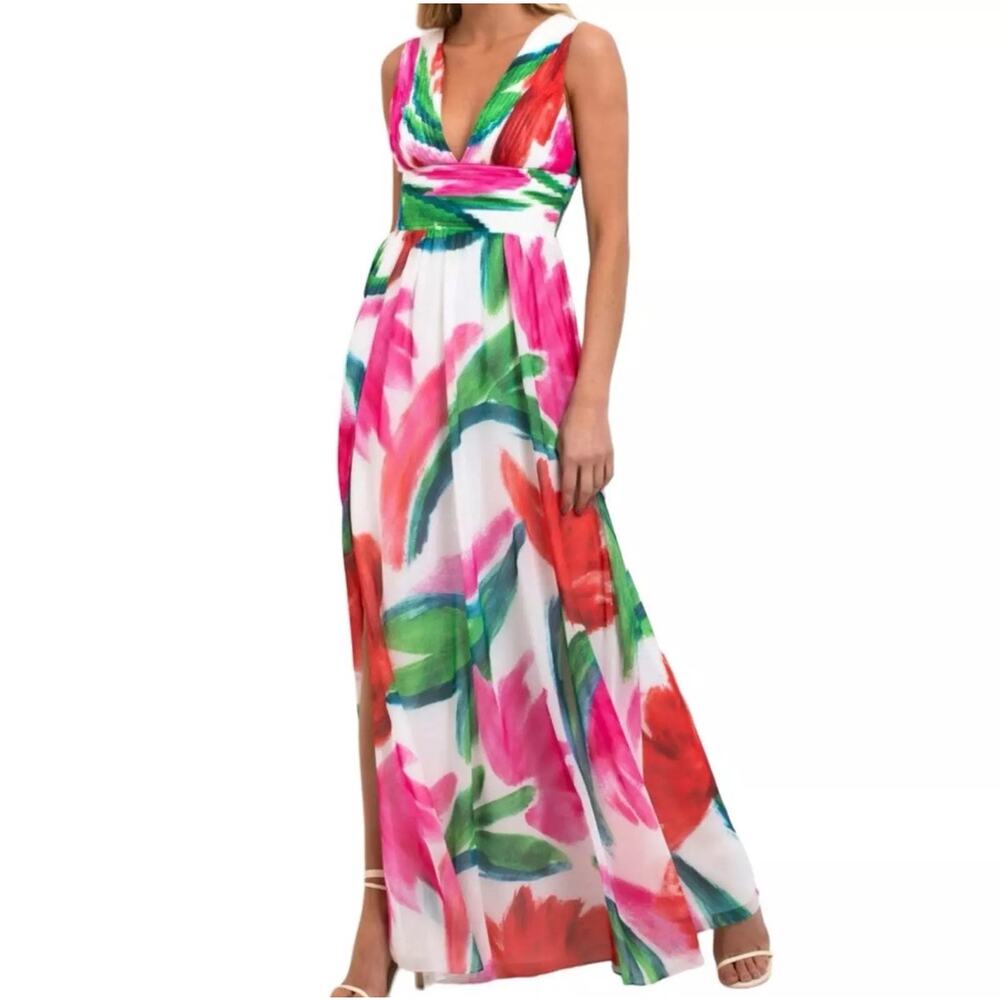 PatBO Allegro Deep V-Neck Floral‎ Chiffon Maxi Dress NWT Size 2